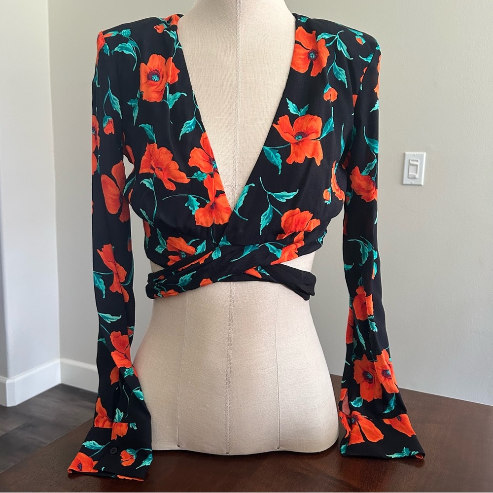 Zara Long Sleeve Crop Floral Top Wrap Top Black Red Deep V Blouse Size Small